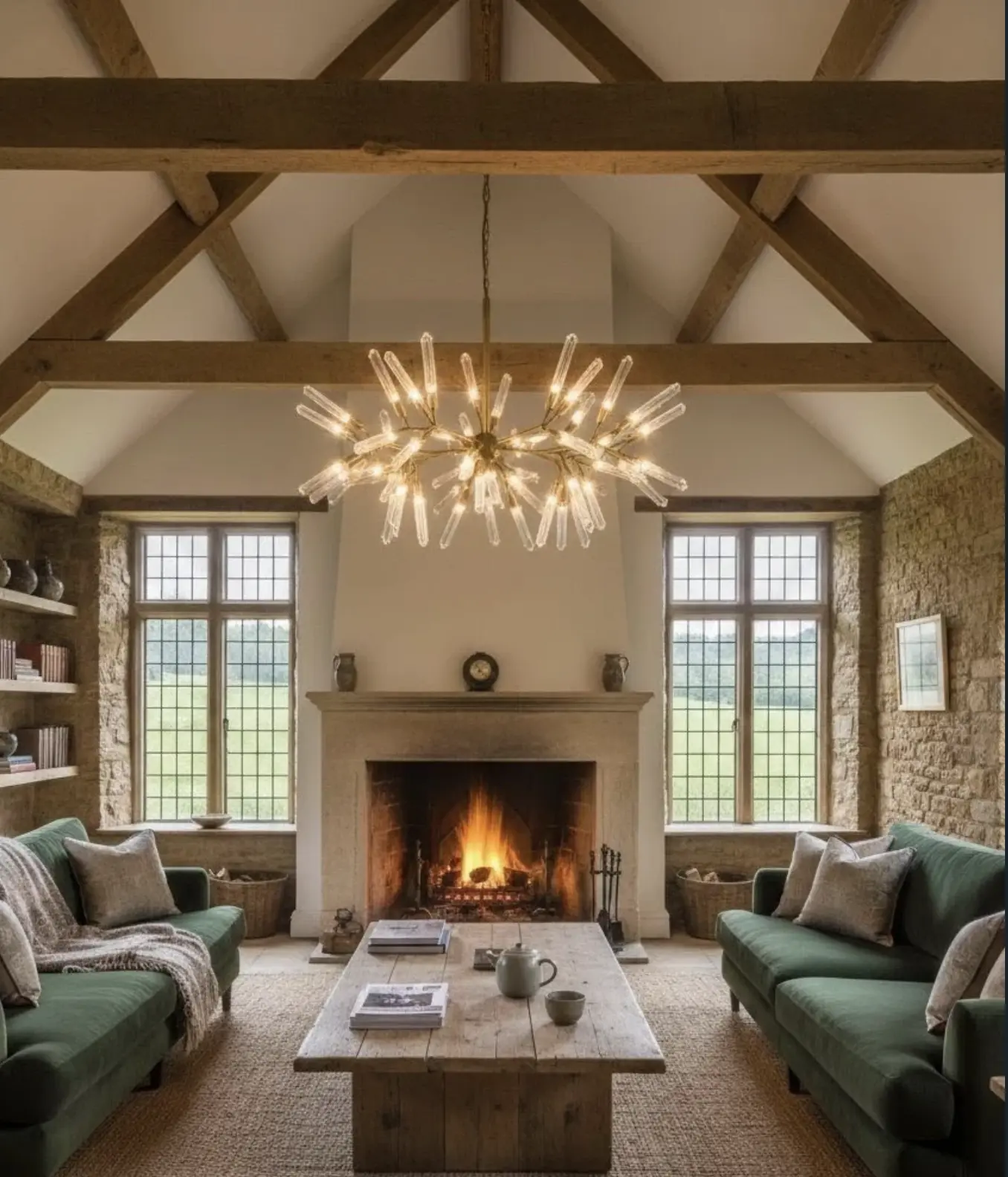 A modern chandelier beneath wooden beams in a stone-walled country living room