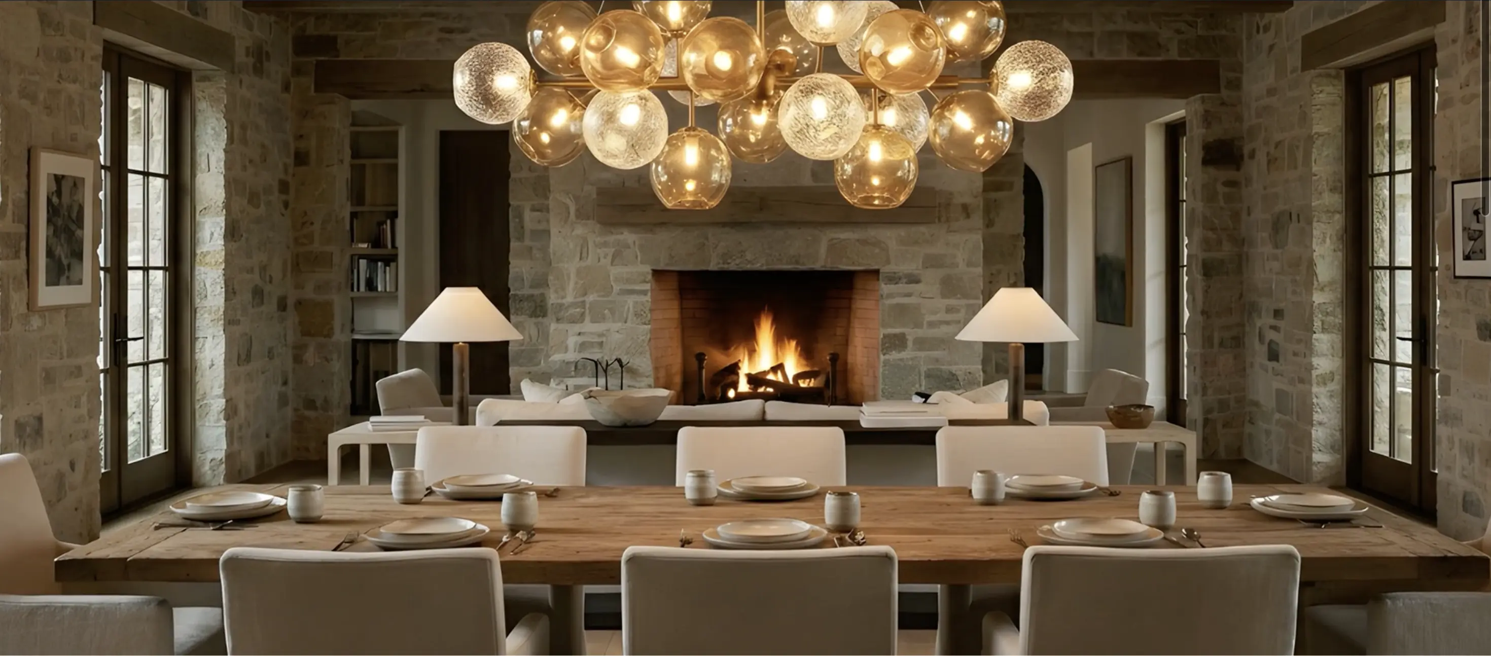 A bespoke chandelier of glass globes above a rustic dining table in a stone-walled dining room