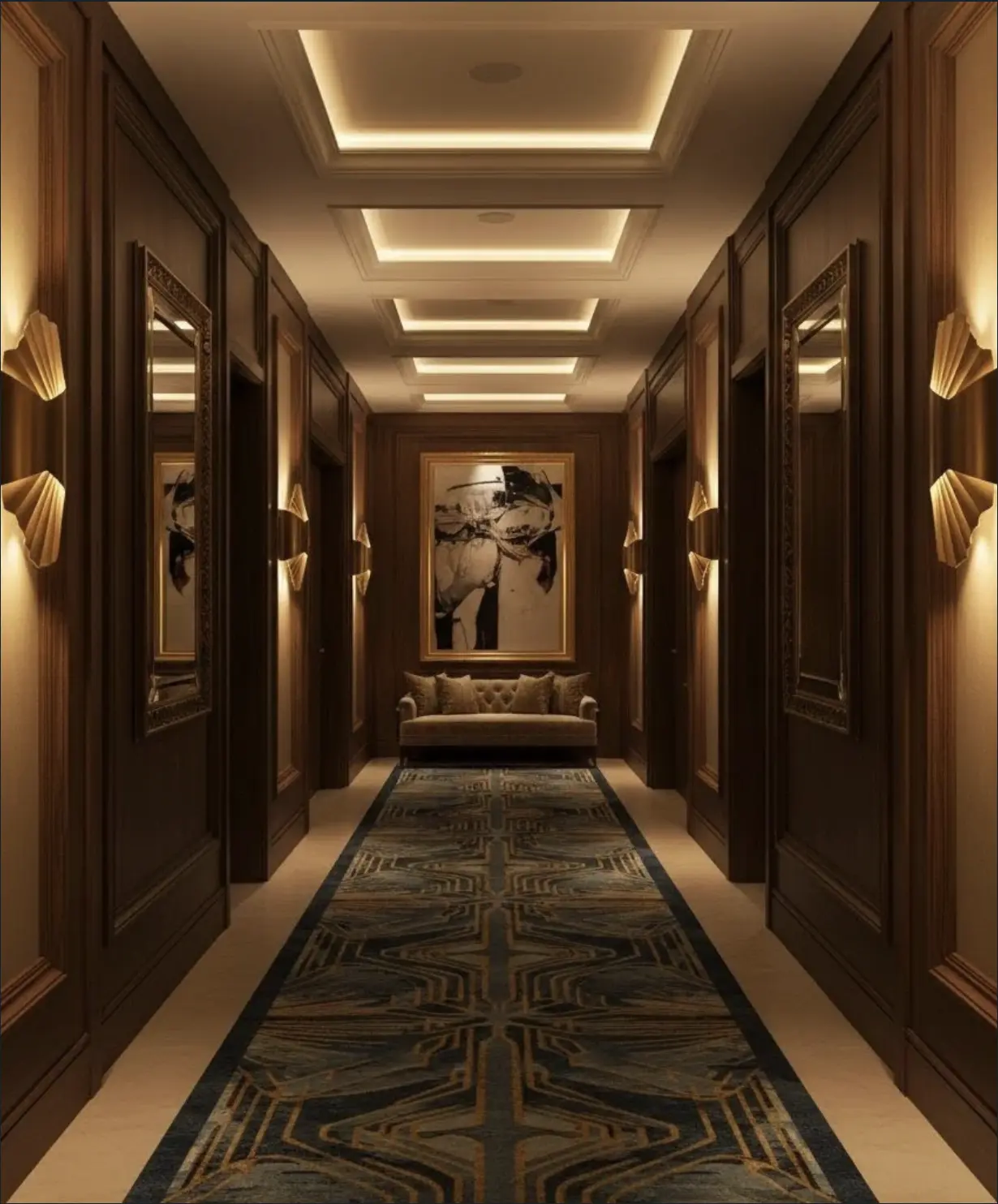 A luxurious hotel corridor with ornate panelling and soft warm wall lighting